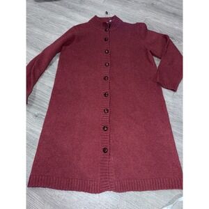 Orvis River Road Long Cardigan Sweater Sz L Duster Shetland Wool Knit Maroon New
